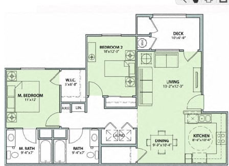 Floor plan for 2 beds, 1 bath, 991 sqft